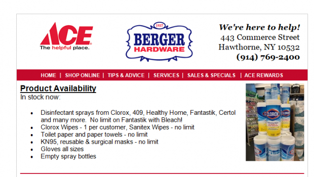 Disinfectant sprays, surgical masks, gloves and also toilet paper: a typical newsletter of a hardware store in the USA in these days. Disinfectant sprays, surgical masks, gloves and also toilet paper: a typical newsletter of a hardware store in the USA in these days.