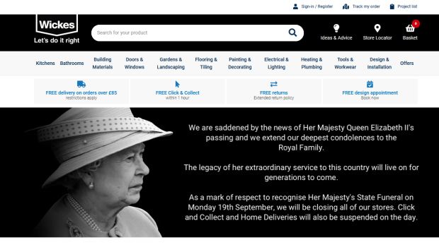Wickes' website, like those of many other British companies, currently is in black - including the logo. Wickes' website, like those of many other British companies, currently is in black - including the logo.